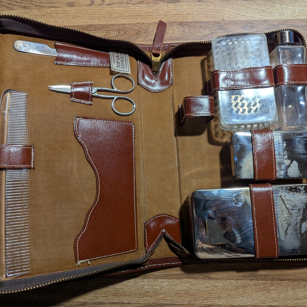 Brown Leather Grooming Travel Kit with Silver Accessories